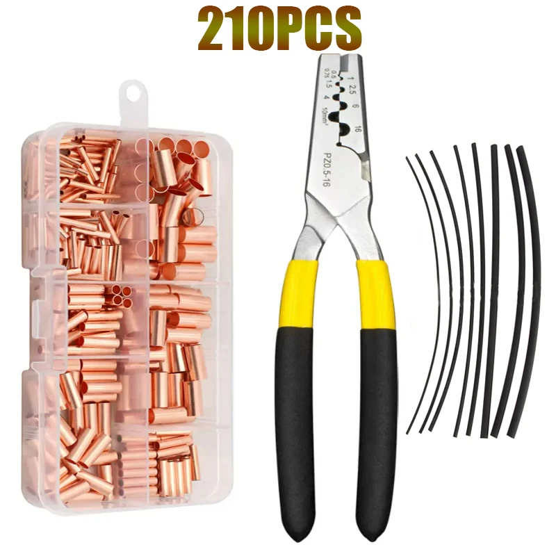 210pcs GT Terminal Pliers Copper Connecting Pipe Wire Joint Small Copper Tube Terminal Cable Lug Bootlace Ferrule with Tube