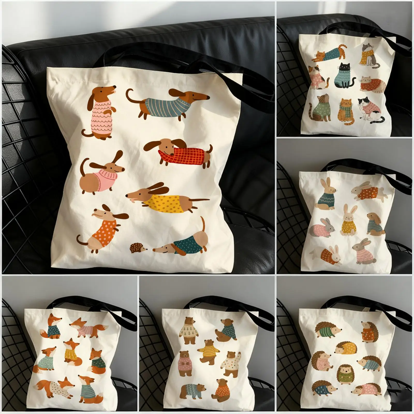 Cute Animal Pattern Storage Bags Large Capacity Canvas Tote Bag Double-Sided Print Shoulder Handbag for Daily Shopping