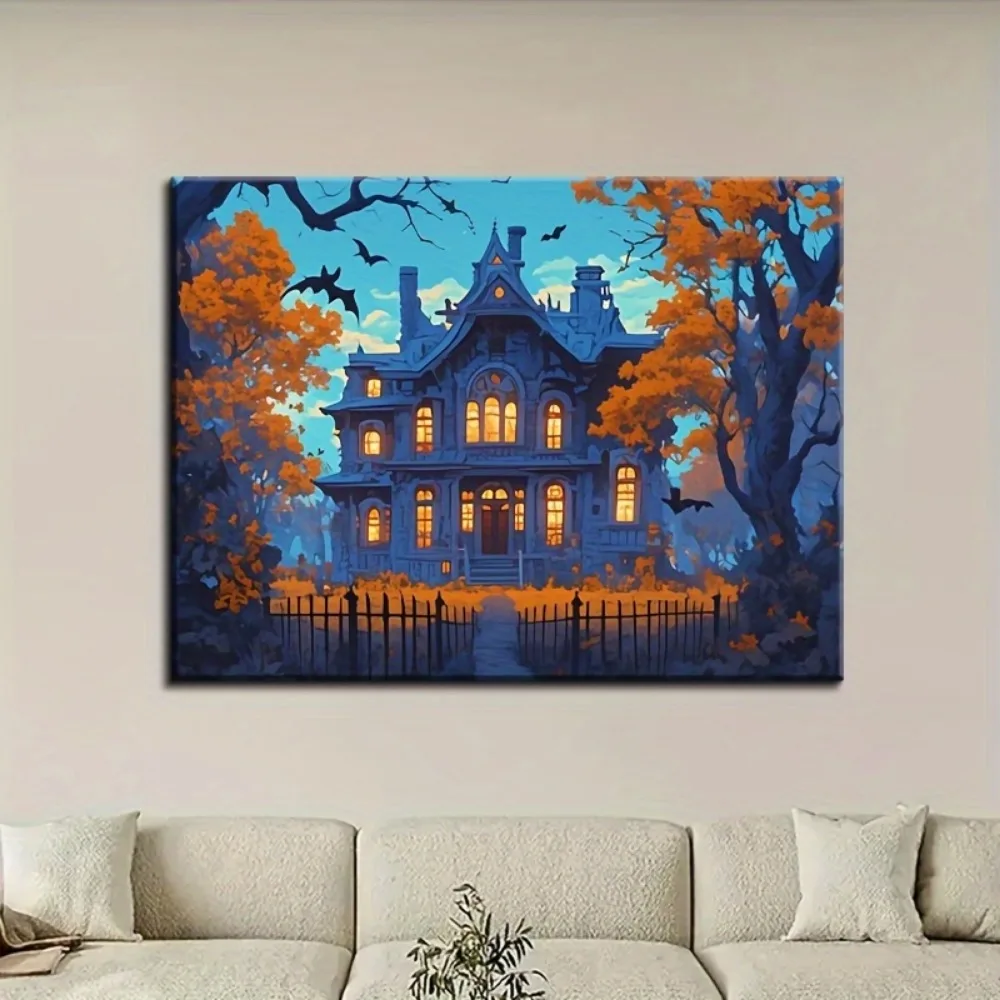 Moldura de madeira maciça de 1,5 polegadas, pôster de lona do castelo de abóbora de terror de Halloween, adequado para decorações de Halloween e decorações de quarto