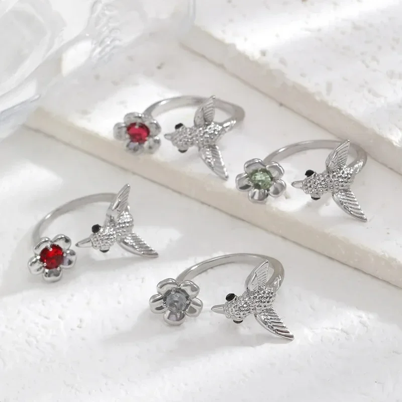 Colorful Flower Bird Open Ring for Women Exquisite Vintage Zircon Joint 2025 Punk Rings Fashion Hip Hop Versatile Jewelry Gift