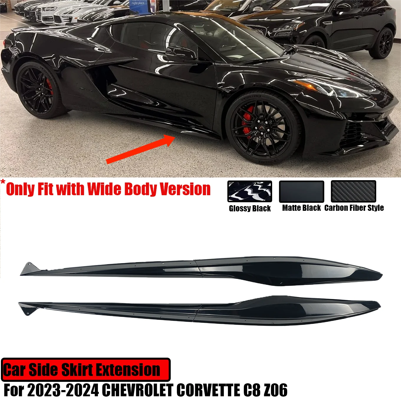 

For Corvette C8 2023-2024 Z06 Car Side Skirts Fit With Wide Body Version Car Accessories Matte/Glossy Black Carbon Fiber Look