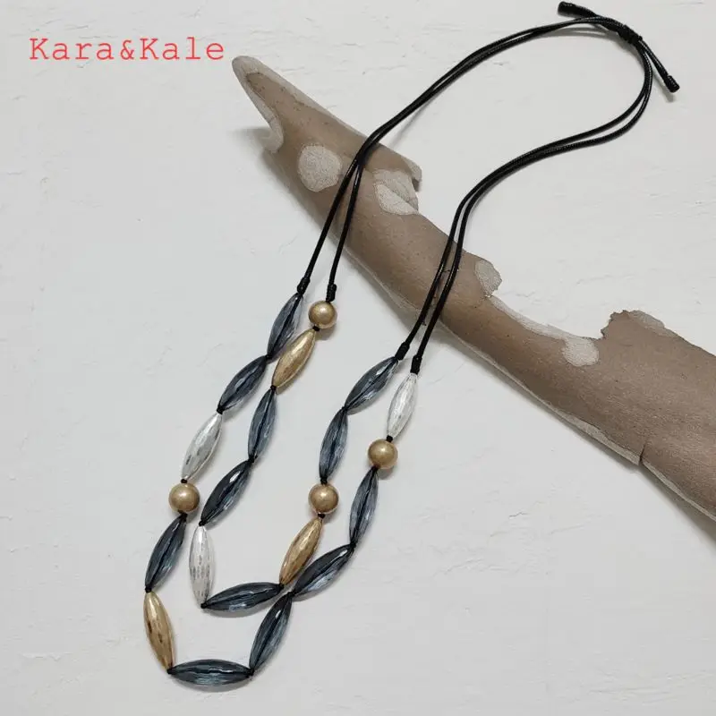 Kara&Kale Layered Necklace Long Necklace Hand Beaded Transparent Black Beads Acrylic Beads Women's Charm Necklace Ethnic Jewelry