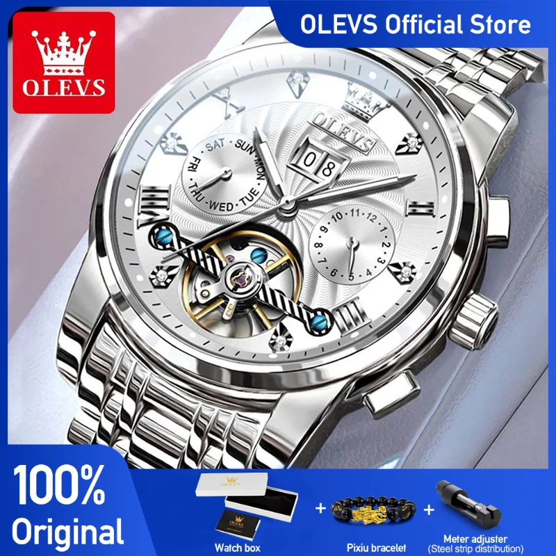 OLEVS Men's Watches Classic Busniess Multifunctional Calendar Watch for Man Waterproof Luminous Automatic Flywheel Mechanical