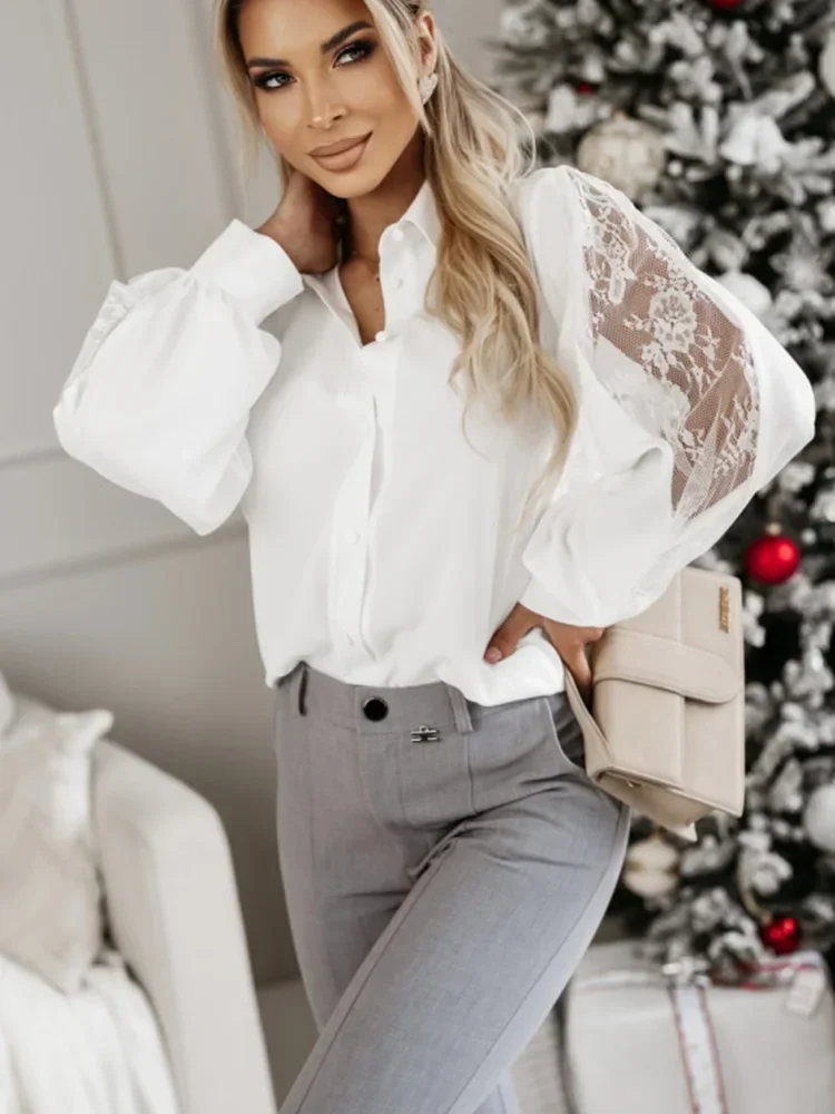 Autumn Hot Selling New Lace Patchwork Solid Color Shirt Ladies Button Casual Slimming and Slightly Elastic Hollow Sleeve Shirt