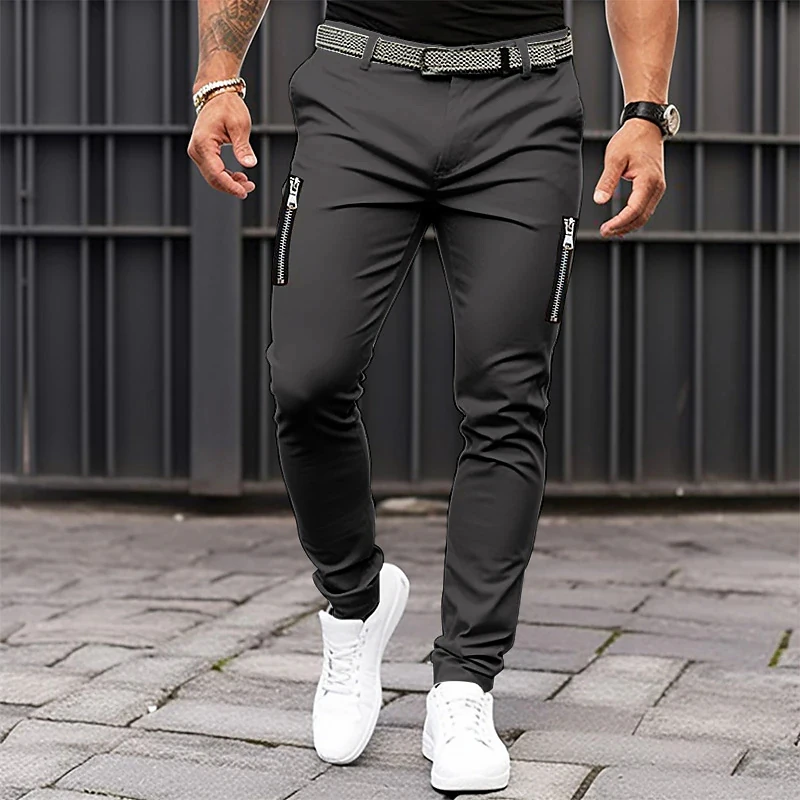 Men\'s Fashion Slim Fit Hip Hop Pants All Seasons Cotton Cool Casual Sports Pants Street Zipper Decoration Straight Leg Pants