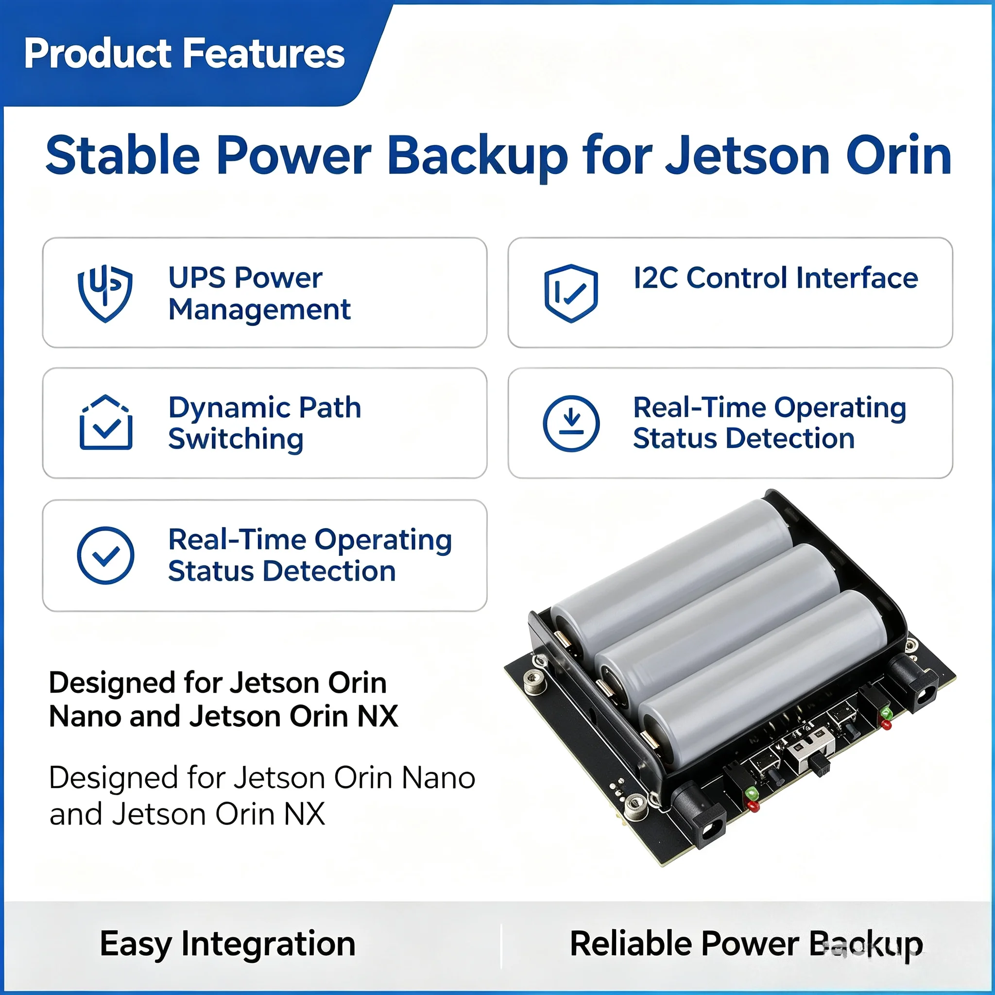 Waveshare NVIDIA Jetson Orin Nano/NX UPS uninterruptible power supply expansion board module, battery not included