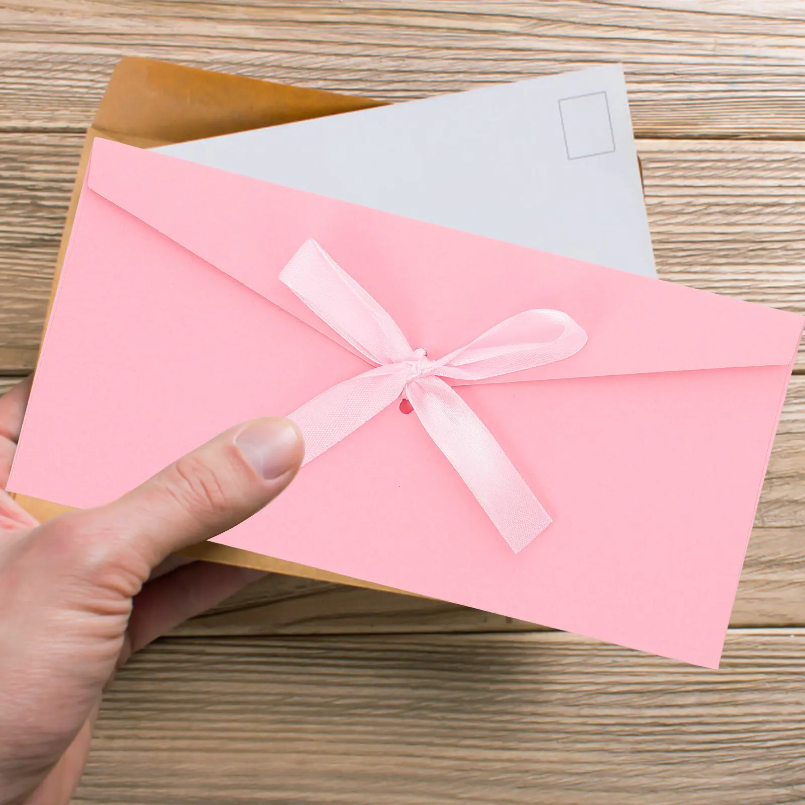 10Pcs Luxury Kraft Paper Invitation Envelopes Bowknot Binding Textured Finish for Wedding Anniversary Graduation Greeting Cards