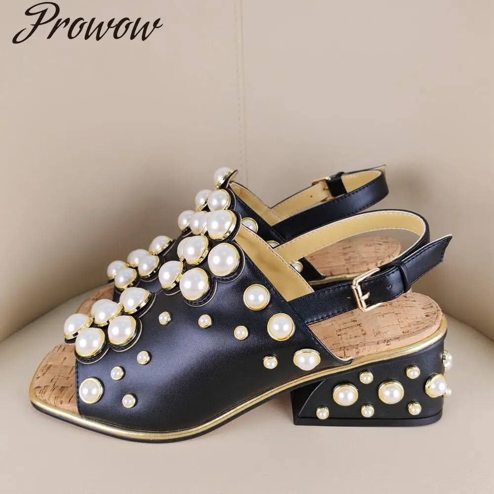 

Модные сандалии с квадратным носком и жемчугом на толстом каблуке, женская обувь Zapatos Mujer