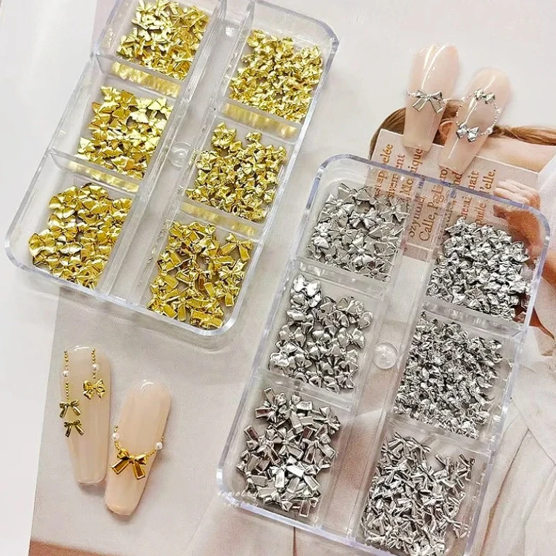 

Cute Metal Bowknot Alloy Gold Silver Bow Tie Set Star Ribbon Colorful Bead Pearl Drill Nail Art Decorations Manicure Accessories