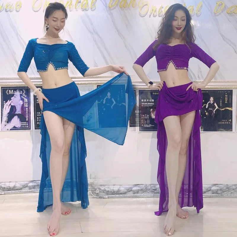

Customized Belly Dance Costumes Practice Clothes Sexy Hot Diamond Set Water Yarn Oriental Dance Performance Suit Team Dress