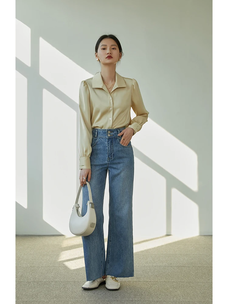 ZIQIAO 2022 Early Spring New Women Tops Elegant Sweet Blouses Turn-down Collar Long Sleeve Lace Up Shirts Korea ファッション