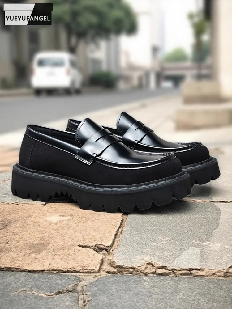 

Удобная мужская модная деловая рабочая официальная обувь из натуральной яловой кожи, лоферы без шнуровки на толстой платформе, модельные туфли с круглым носком