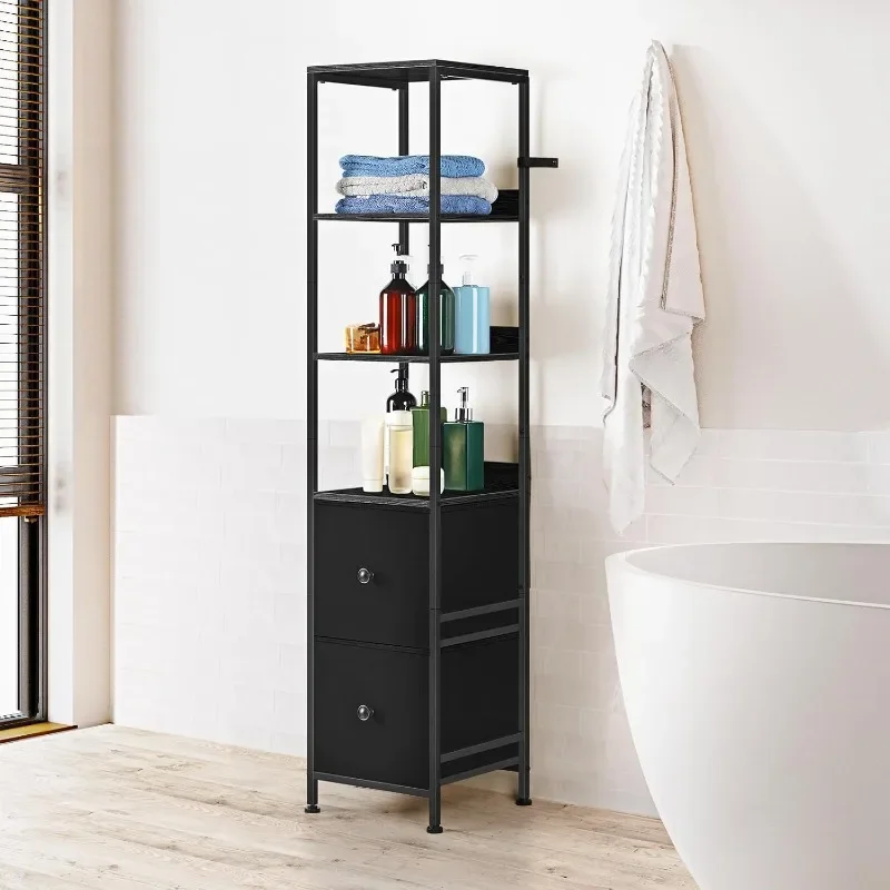 Bathroom Cabinets Freestanding, Tall Slim Floor Cabinet with 2 Fabric Drawers, 5-Tier Storage Organizer Rack Stand, Shelves