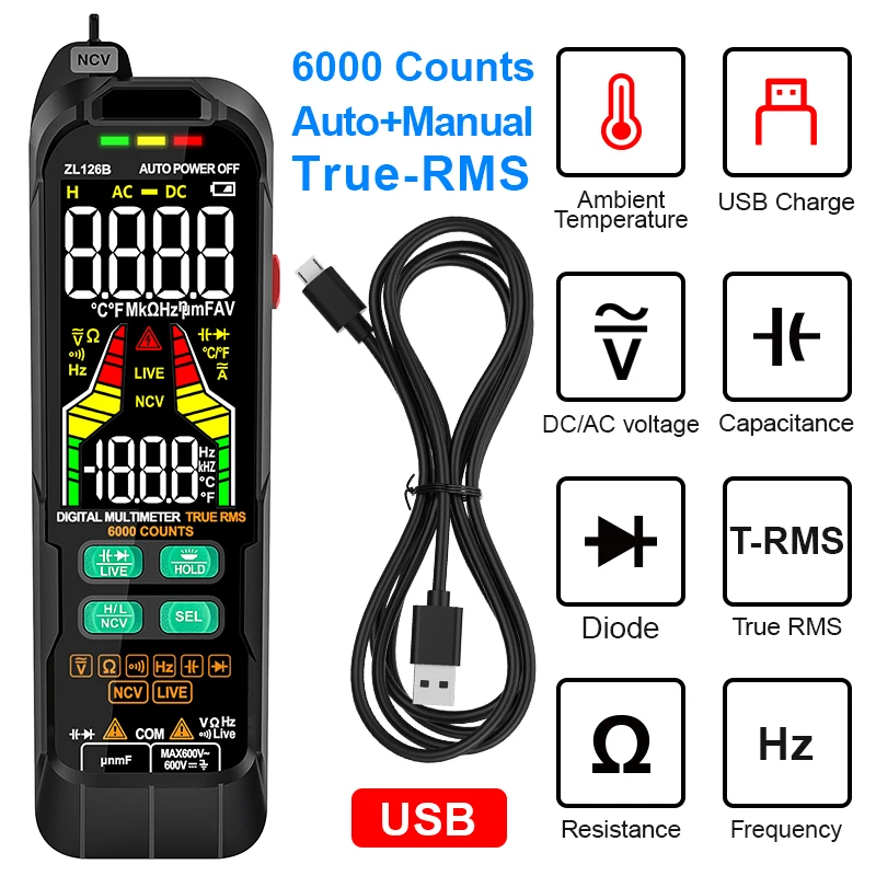 Portable USB Digital Multimeter Color Dispaly True RMS Multimetre AC DC Current Voltage Tester Diode Capacitance Frequency Meter