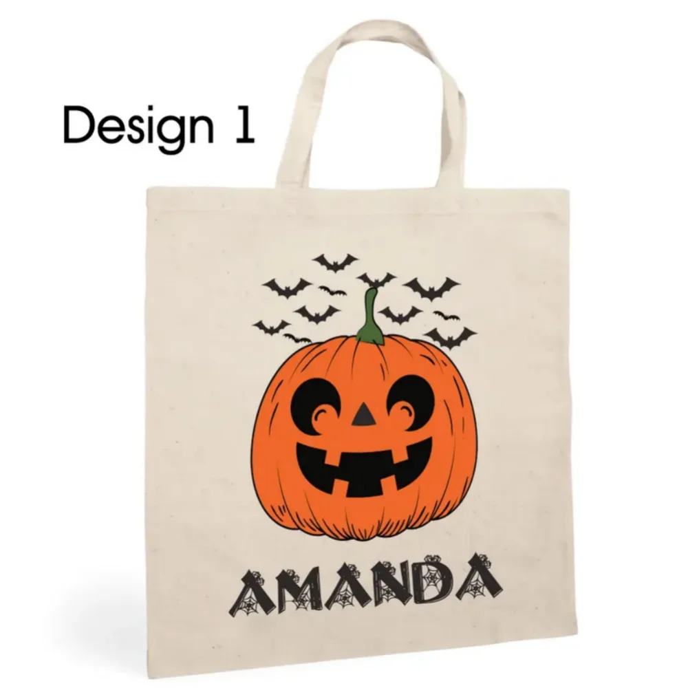 حقيبة حمل مخصصة للهالوين - حقائب خدعة أو علاج مخصصة، إكسسوارات تحمل اسمًا للأطفال بتصميم خفاش قطني مخيف