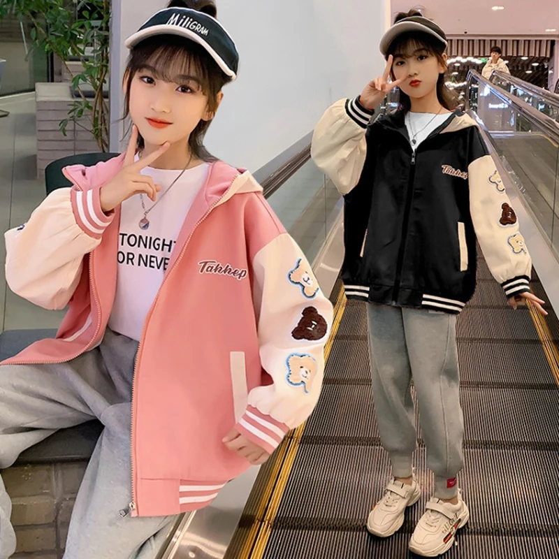 2024 New Spring Autumn Teens Clothes For Teenage Girls Sports Outerwear Coats Cute Bear Hooded Zipper Kids Baseball Jacket 4-14Y