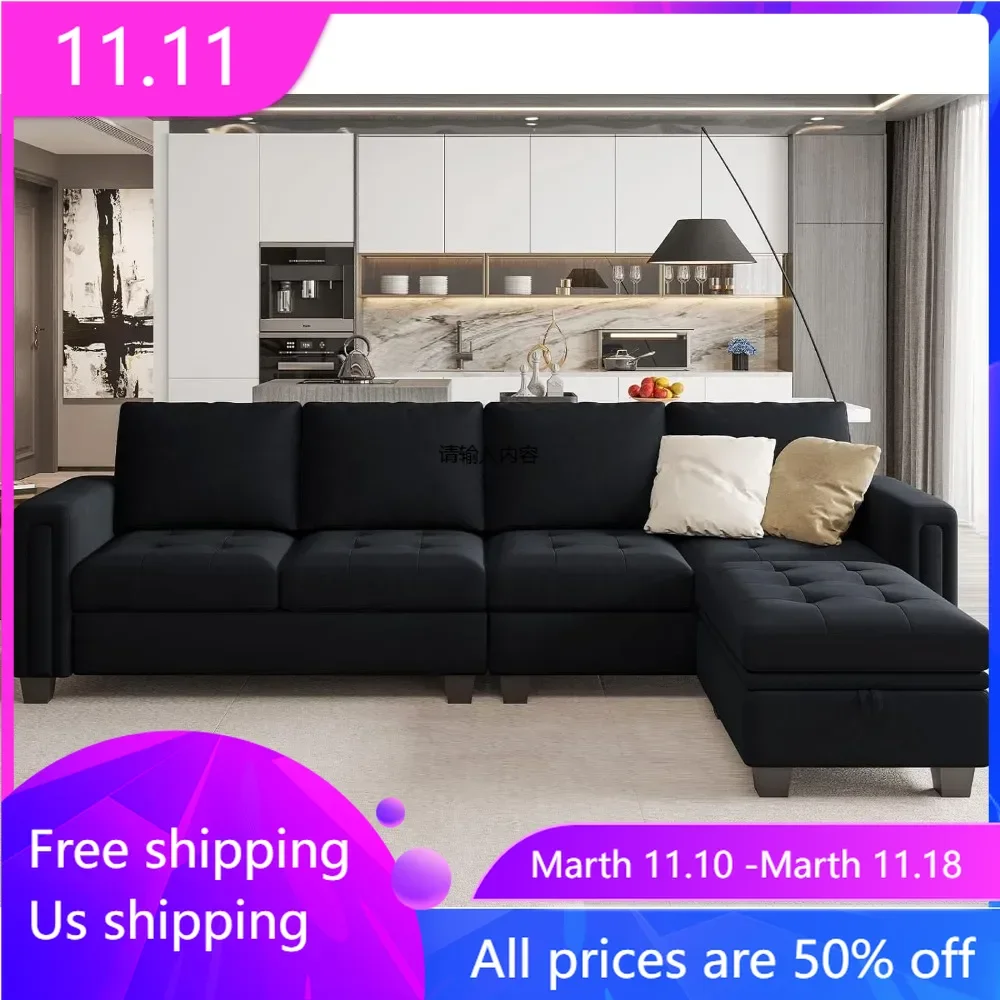 

Velvet reversible sofa with lounge chair, L-shaped 4-seater segmented sofa with storage space,