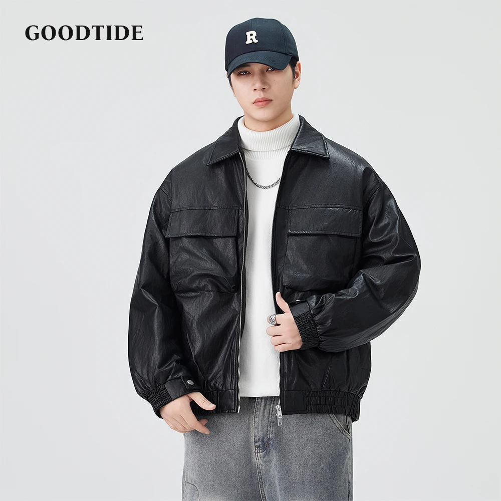 

Fashion Men's Casual Zip Up Faux Leather Jacket 2025 Winter New Lapel Collar Multi Pocket Detail Loose - Fit Design Top Men