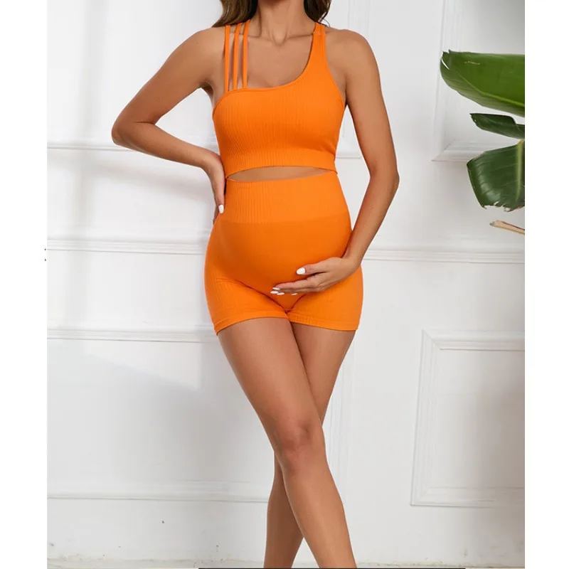 

Pregnant Yoga Set Moisture Absorbing Fast Drying Exercise Fitness Sleeveless Comfortable Bra Simple Breathable Orange Shorts Set