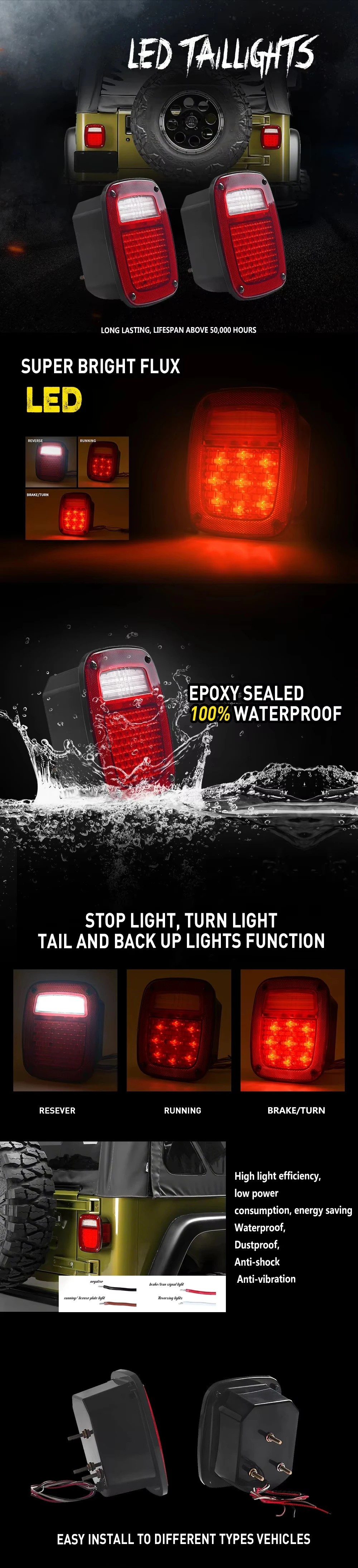 High Performance Led Tail Lights Rear Lamp Turn Signal Brake Indicator for Jeep Wrangler CJ YJ TJ Trailer Rubicon, Waterproof detail image 1
