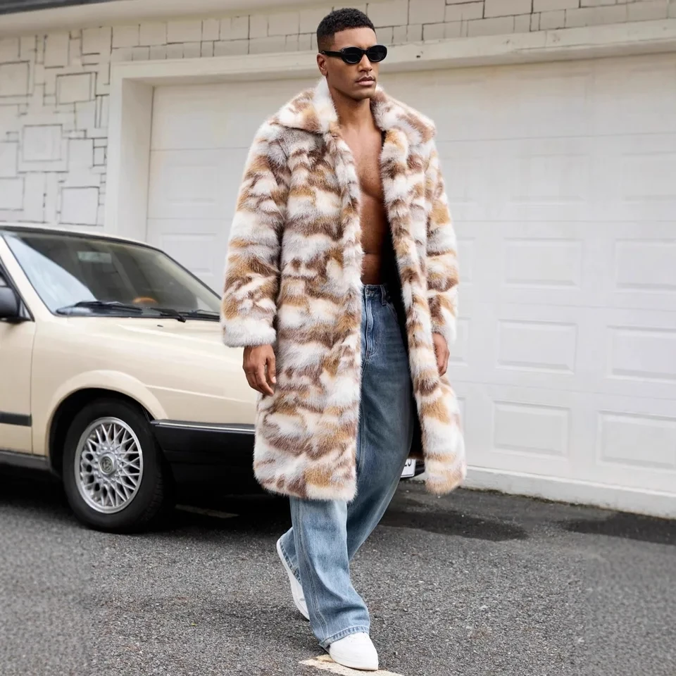 

European American Autumn Winter New Fashion Men's Turn-down Collar Camouflage Casual Trendy Loose Faux Fur Cardigan Coats Tops