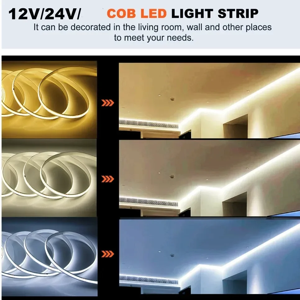 Taśma LED COB 10 m 480 Liniowa ściemnialna dioda LED o wysokiej jasności Elastyczna ciepła/naturalna/zimna biel 24 V 12 V 8 mm COB Led Light RA90