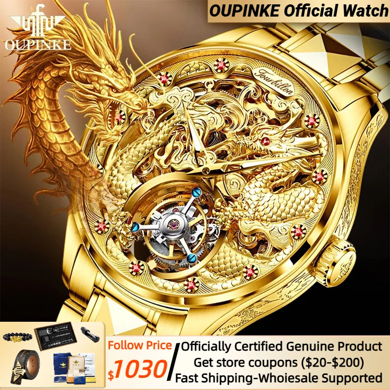 

OUPINKE Men's Automatic Tourbillon Watches Gold Watch Male Dragon Royal Sapphire Mirror Skeleton Waterproof Genuine Top Brand