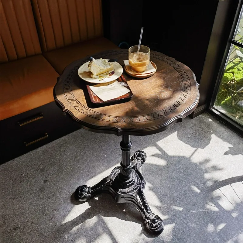 Vintage Solid Wood & Iron Coffee Table, American Round Mid-century Table for French Dessert Shop
