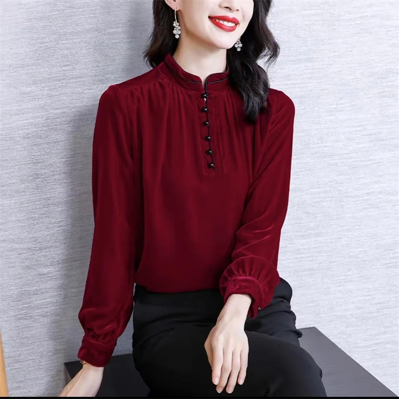 Women\'s Vintage Elegant Korean Fashion Stand Collar Golden Velvet T-shirts Autumn Female Ruffled Solid Long Sleeve Pullover Tops