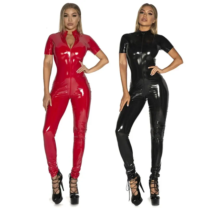 

Women Faux Leather Catsuit Sexy Hot PVC Latex Bodysuit Front Zipper Open Crotch Jumpsuits Stretch Bodystocking Erotic Costumes