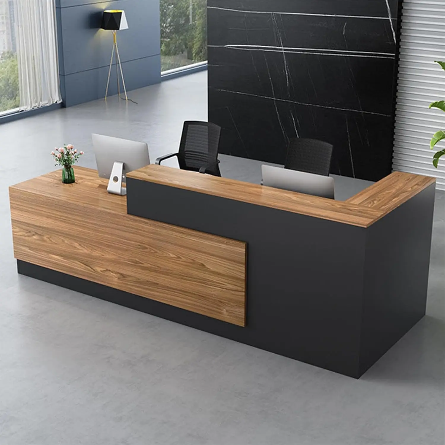 Modern L-Shaped Reception Desk with Hutch, Office Reception Counter Table with Lockable Drawer and Door Cabinet, Wooden Computer