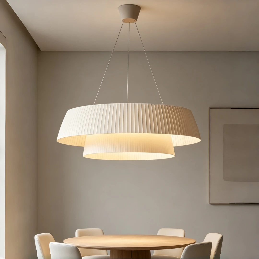 Double Layer Pleated Wide Disc Pendant Light for Dining Kitchen Island Japandi Wabi Sabi Minimalist Warm Ceiling Hanging Decor