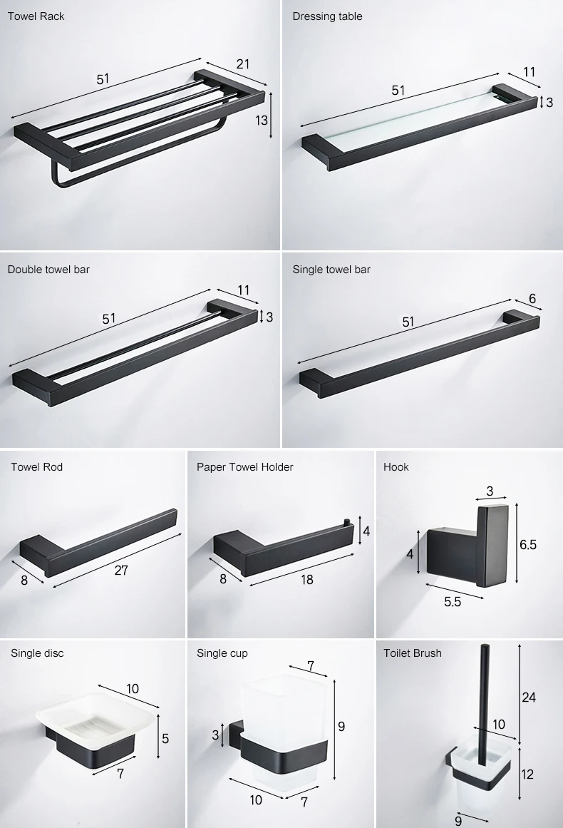 Matte Black Hook Towel Rack 304 stainless steel Towel Bar Double Towel Shelf Paper Holder Tissue Holder Toilet Brush Holder