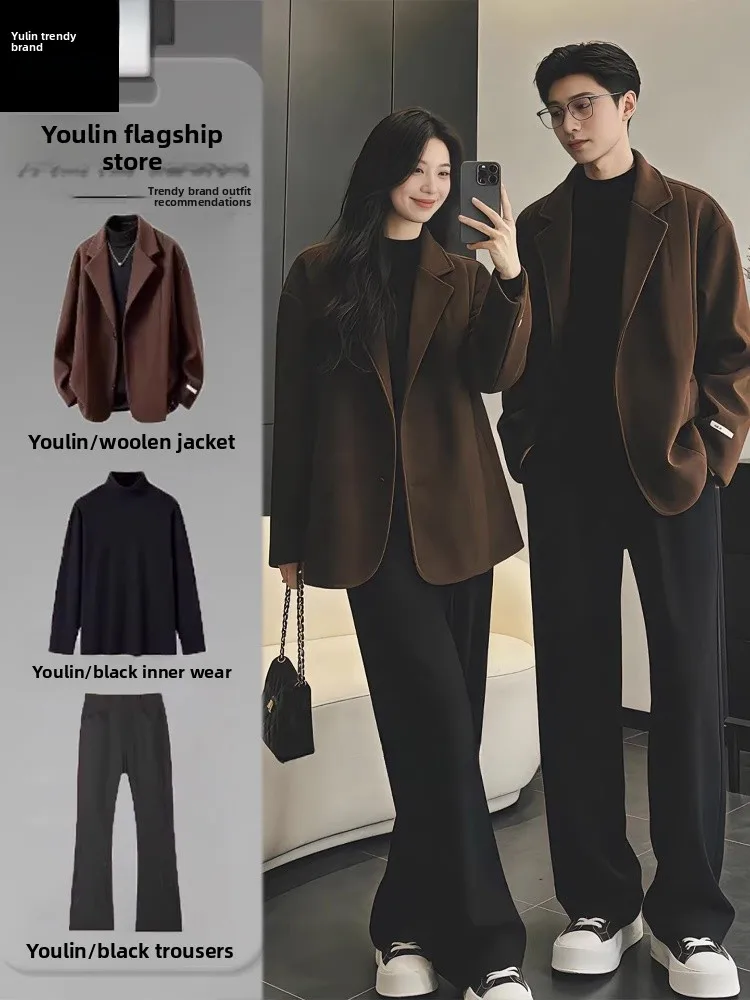 

Унисекс шерстяной пиджак цвета мокко, весенний повседневный комплект для пар, американский стиль, с длинным рукавом, однобортный