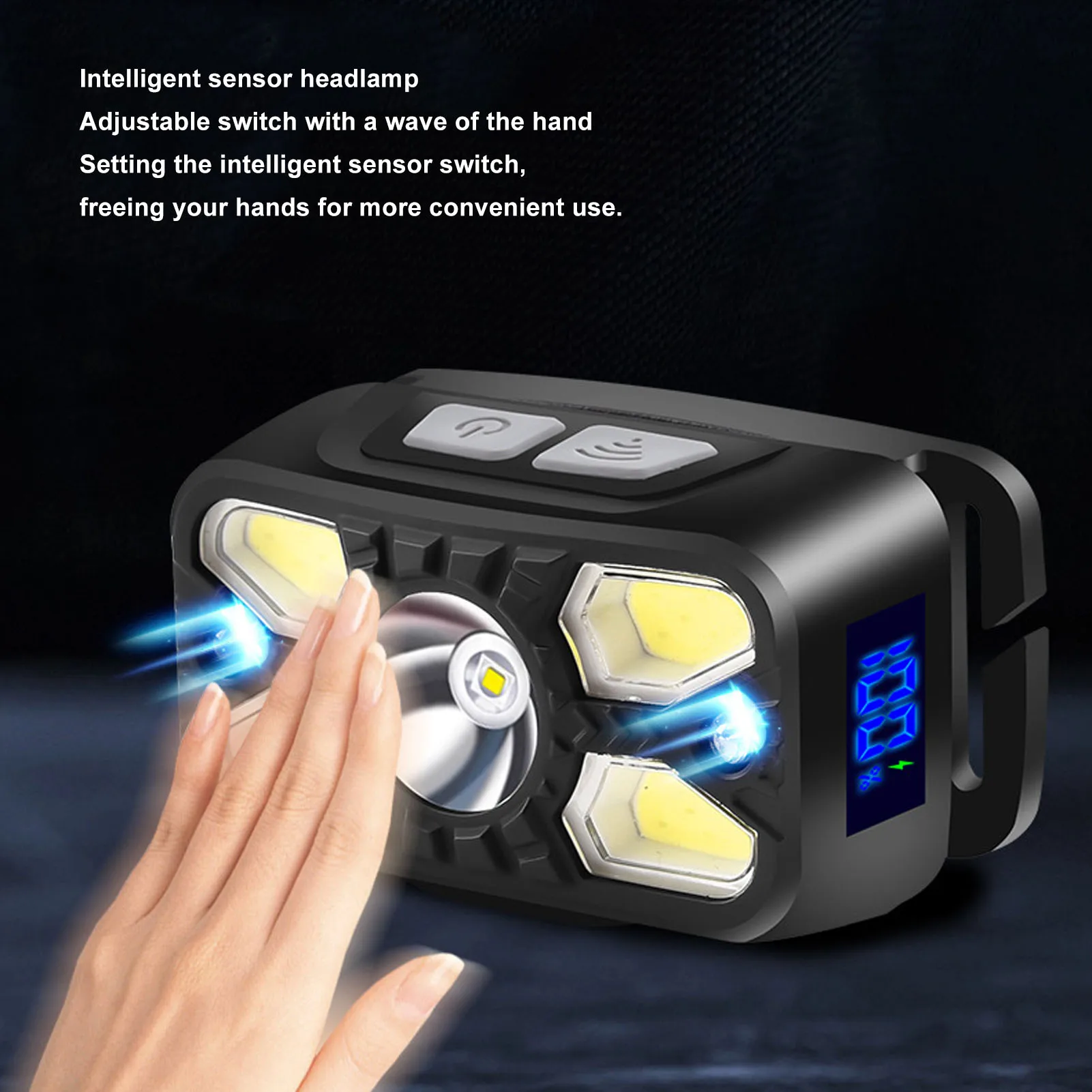 Lampe de Sauna LED COB avec Détecteur de Mouvement, Type C, Rechargeable, Réglable à 45 °, 1500mAh, Ultra Lumineux, Affichage de Puissance Numérique, Éclairage d'Extérieur