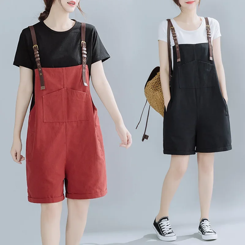 

Summer Women Red Denim Playsuit Korean Style Loose Sleeveless Wide Leg Overalls Female Casual Suspenders Black Jumpsuit Short