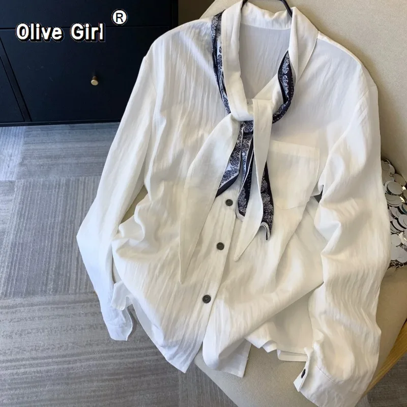 

Olivegirl Silk Scarf Tie White Shirt Women's Blouse Spring Summer High-end Long Sleeved Shirt French Elegant Top