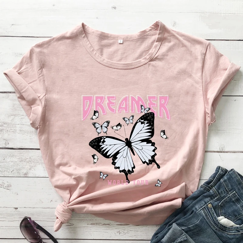 

colored dreamer world tour tshirt retro women butterfly nature tee shirt