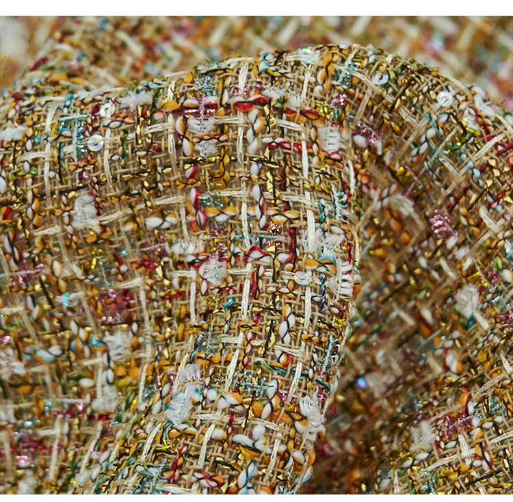 Gold-Pailletten Luxus-Metallgarn-Tweed-Stoff, Gemischtes Fantasiegarn-Texturgewebe für Mantel-, Anzug- und Kleidungsstücke zum Selbermachen, Meterware – Detail 3