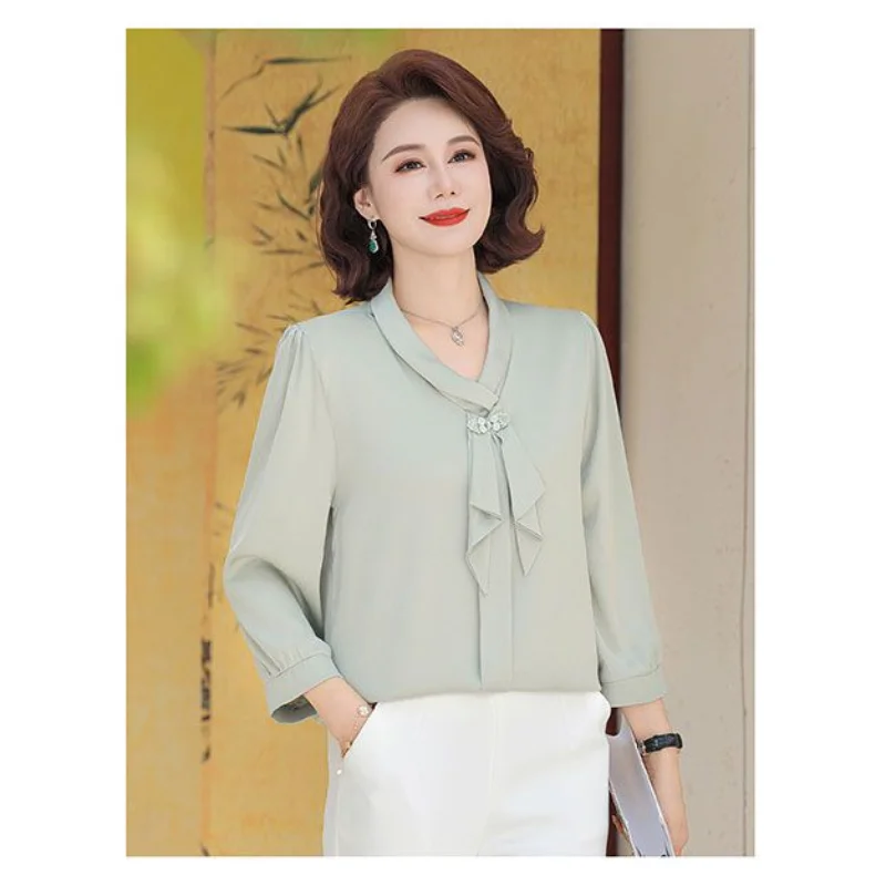 

2025 New Mother Chiffon Spring and Summer Fashionable Middle-aged and Elderly 7-quarter Sleeve Chinese Top