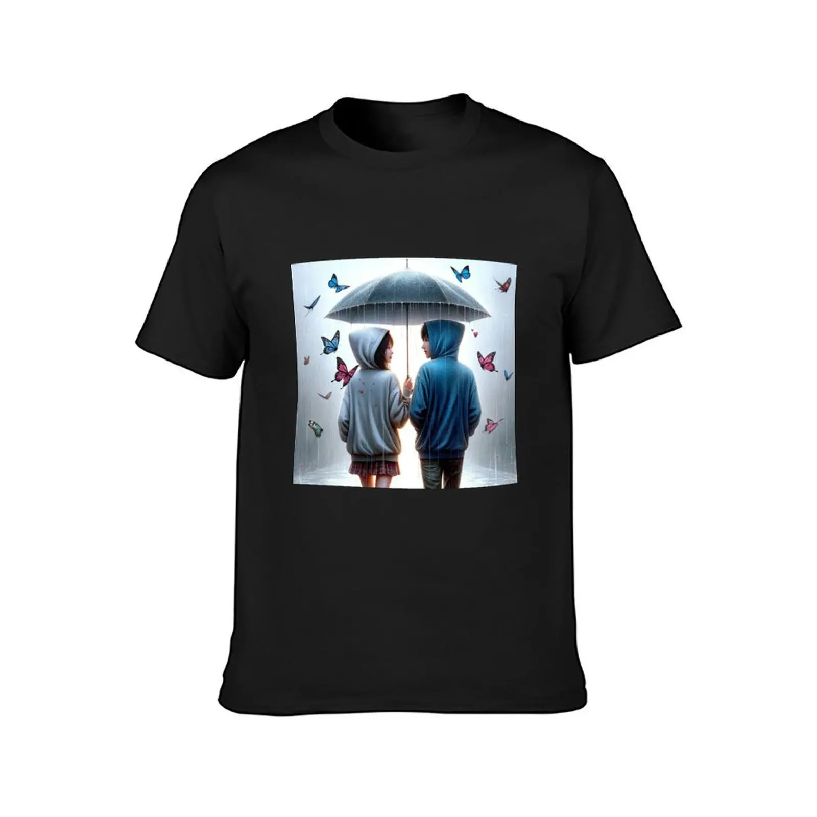 Anime couple under a large umbrella surrounded by butterflies in the rain. T-Shirt funnys Men's t shirts