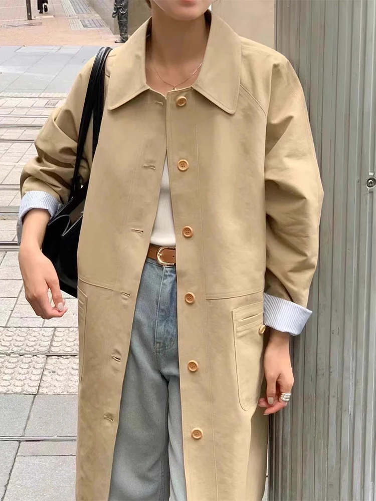 

SuperAen, осенний новый однобортный свободный повседневный длинный плащ во французском стиле с лацканами и двойными карманами для женщин, модные пальто