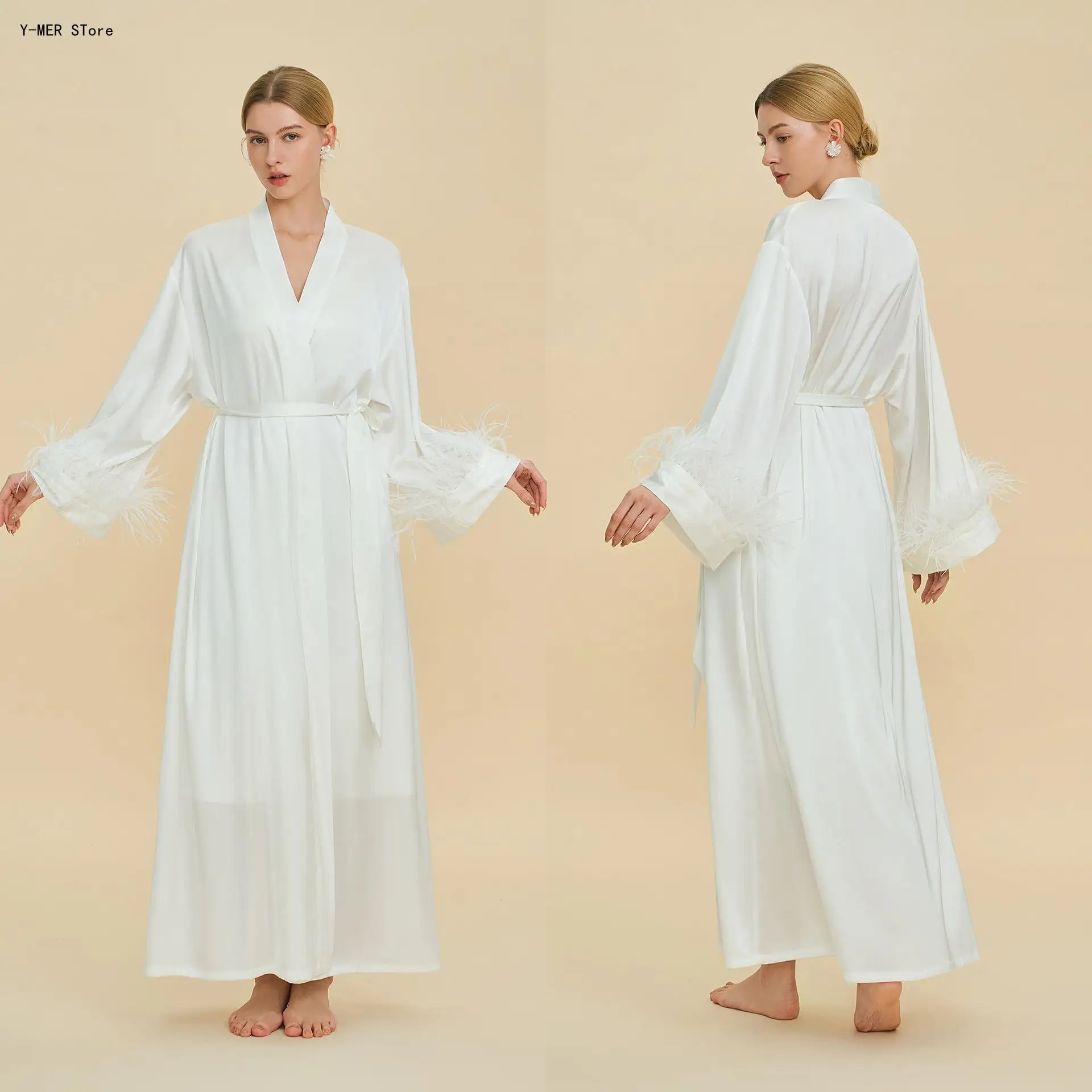 

Women Sexy Runway Cape Robe Premium Acetate Fabric with Ostrich Feather Trim Luxury Bathrobe Casual Home Loungewear Sleepwear