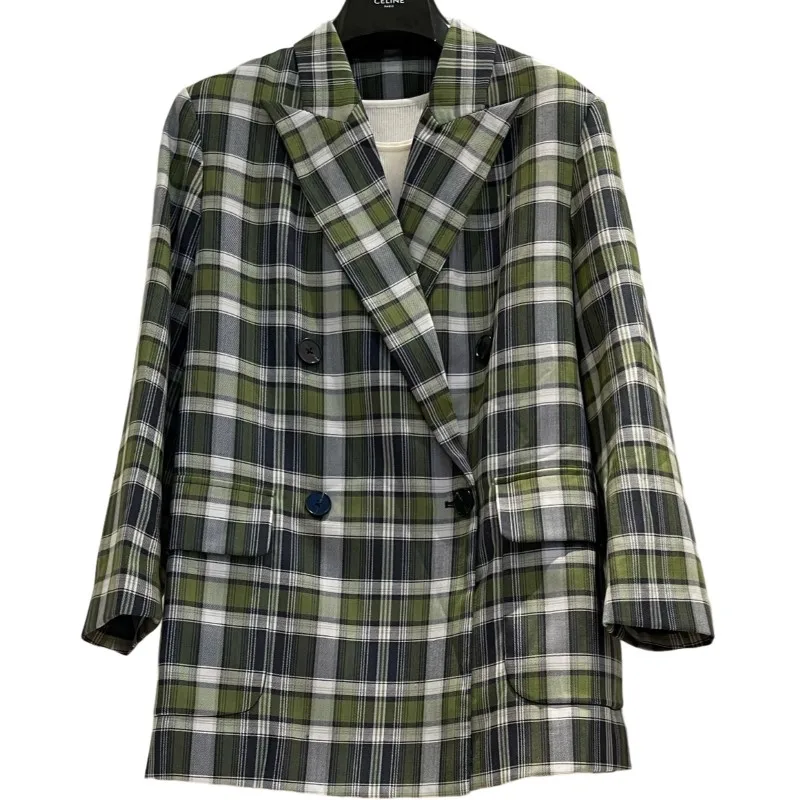 

Autumn lapel double-breasted version checked suit jacket color matching wool blended fabrics casacos formais femininos abrigo