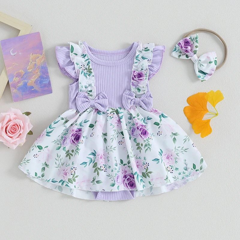 Baby Girl Two-Piece Summer Sleeveless Bow Front Ribbed Sleeveless Pit Stripe Purple Floral Hooded Dress Set for Babies