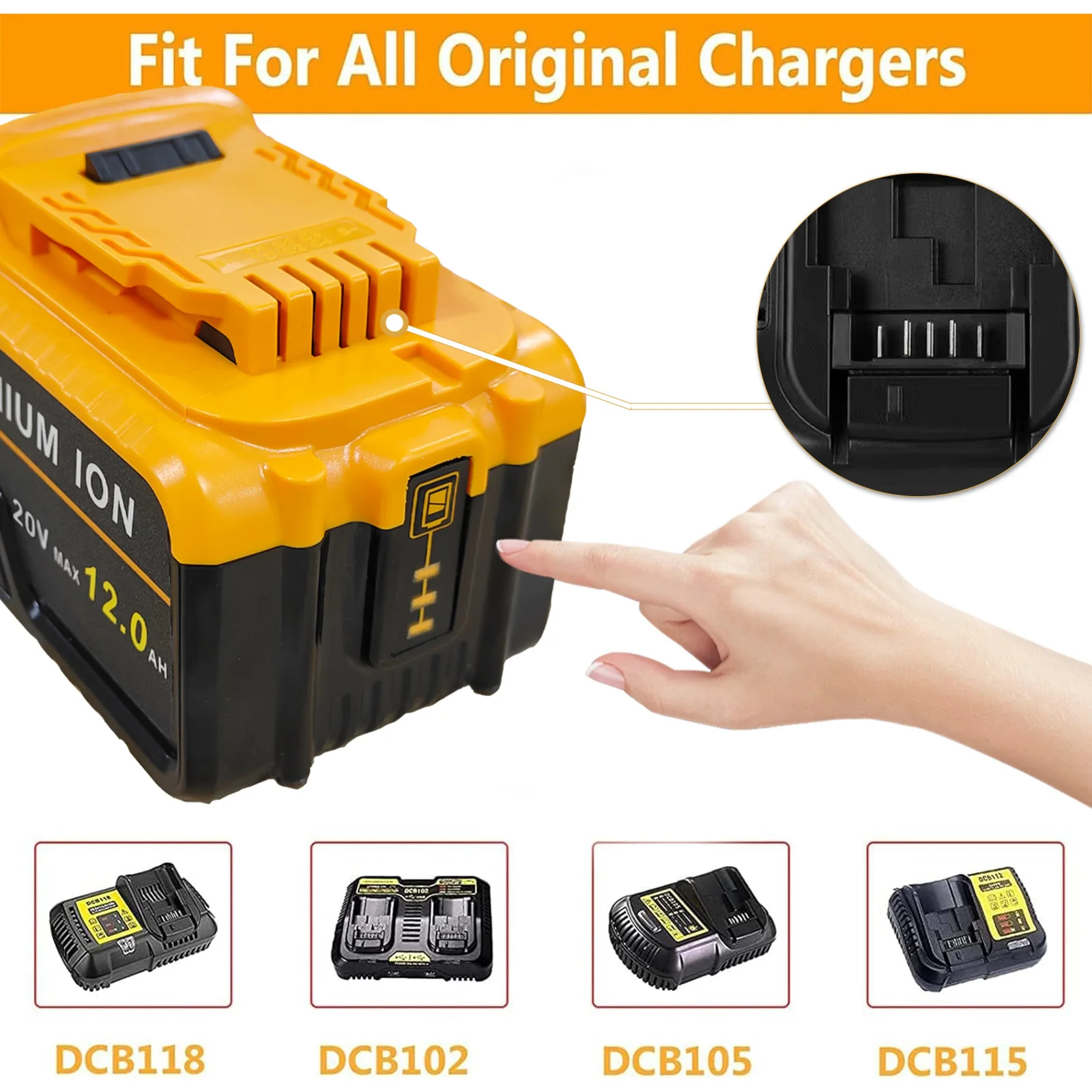 2Pack 20V 12.0Ah Replacement Battery for DeWalt DCB200 DCB184 DCB101, Li-Ion Rechargeable Battery with LED Power Indicator