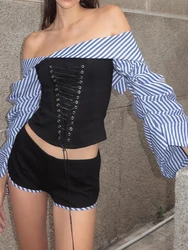 Y2k Aesthetic Two Pieces Sets Women Stripe Patchwork Bandage Blouse +High Waist Shorts Streetwear 2024 Summer Grunge Outfits