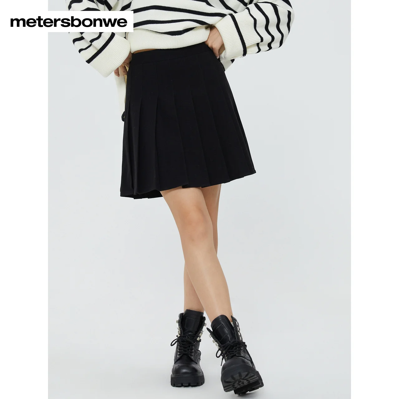 Metersbonwe-Women's  Pleated Skirt High Elastic Waist Zipper Girls Dancing JK Mini Skirts Vintage Female Chic Lady Skirts Winter