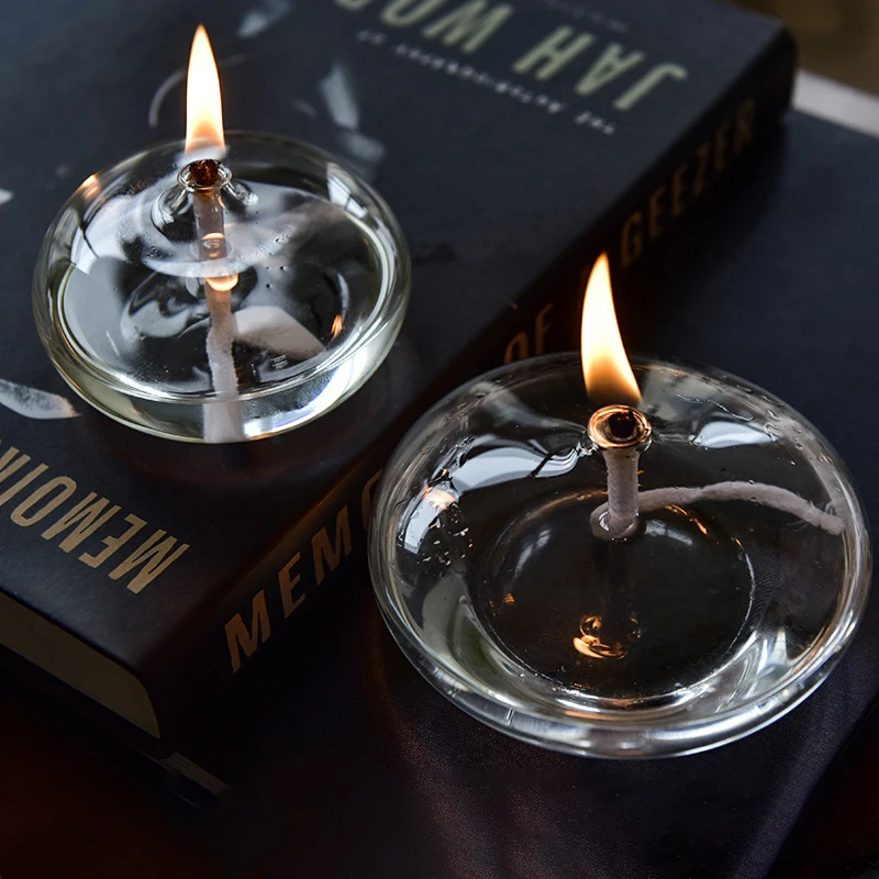 Handmade Oblate Transparent Glass Candlestick Oil Lamp With Wick Dinner Table Candle Rustic Christmas Home Decoration