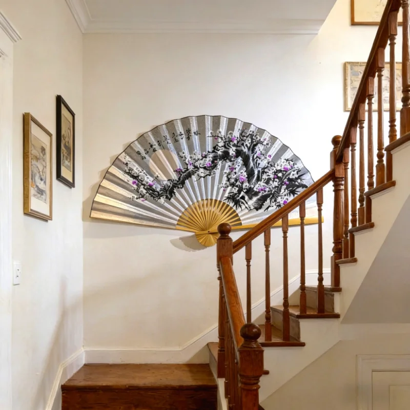 63X35Inch“Plum Blossoms Under the Moon”Large Folding Fan。Made from Natural Bamboo，Durable、Majestic Eastern Artwork。